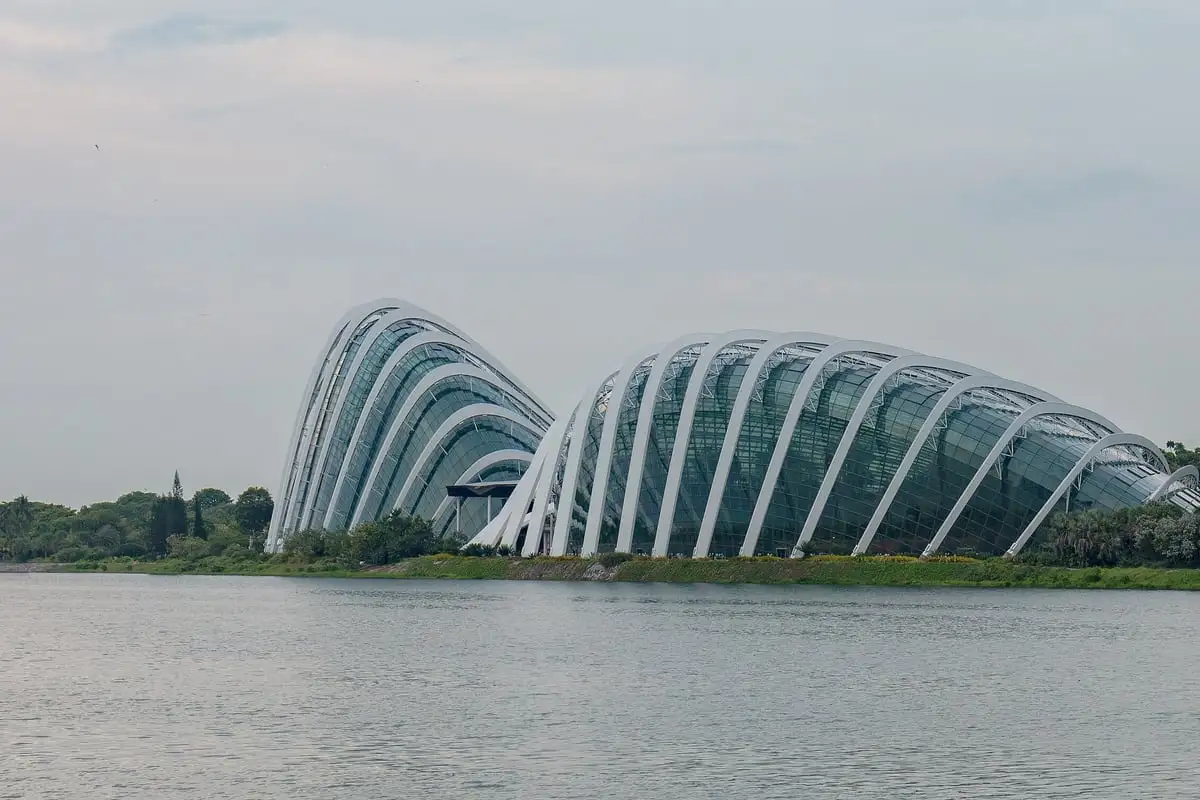 Interior of the Flower Dome conservatory at Gardens by the Bay with seasonal planting beds