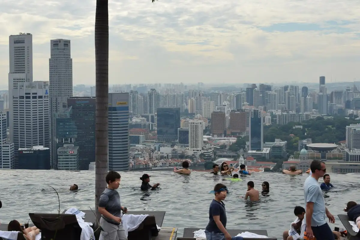 The infinity pool on the roof of Marina Bay Sands, accessible only to hotel guests