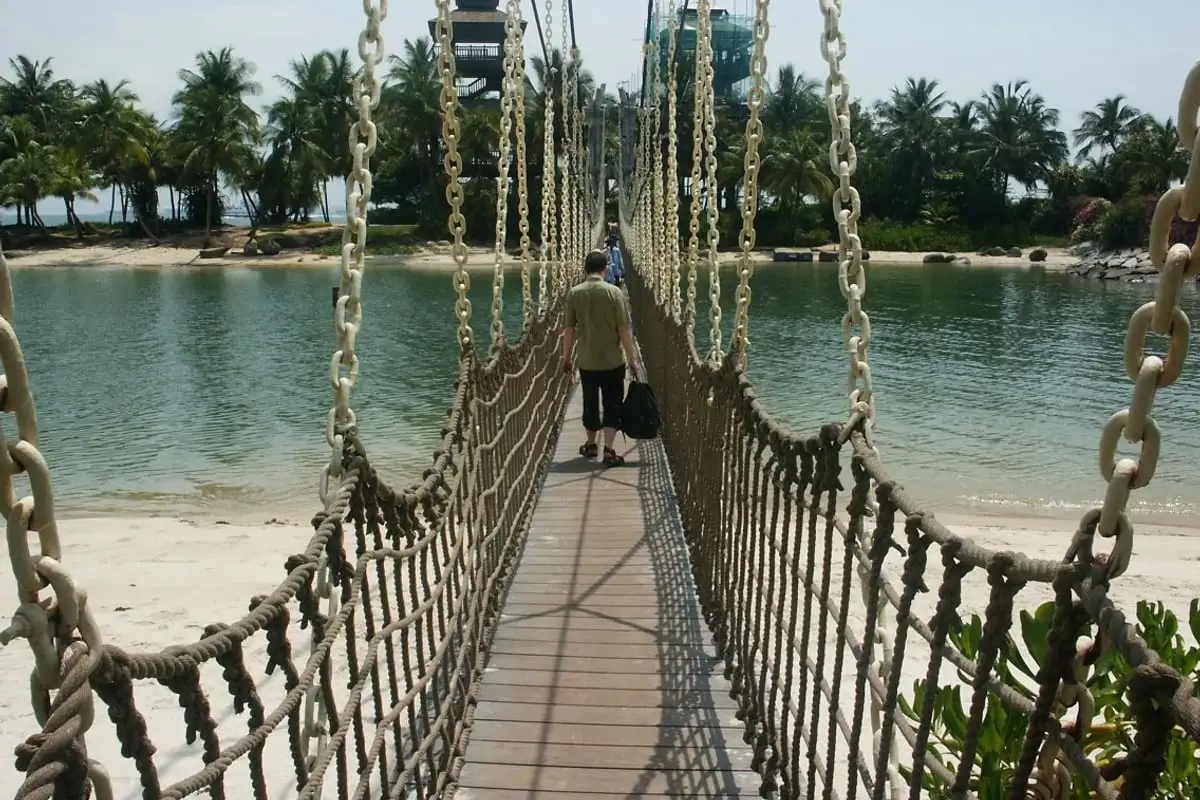 The suspension bridge to the islet off Palawan Beach on Sentosa