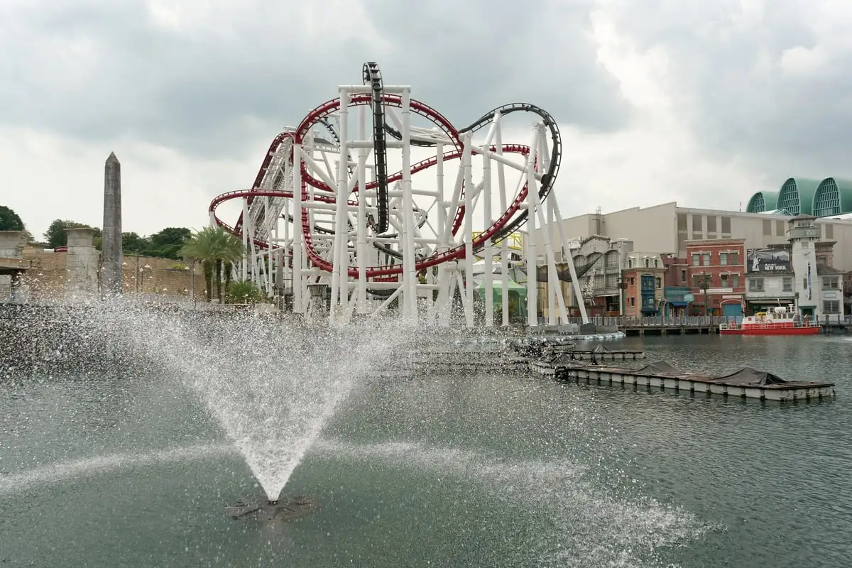 Battlestar Galactica duelling roller coaster track above the Sci-Fi City zone